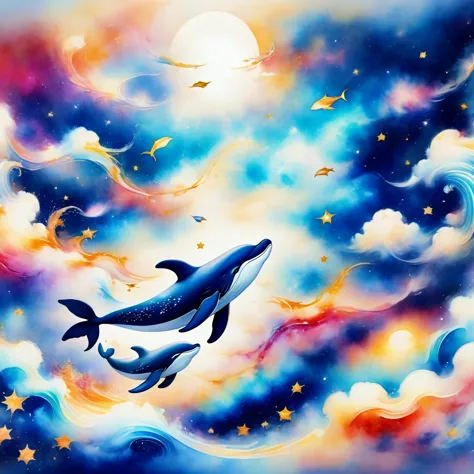 (Flying whales,In space), nebula(Artworks by Slawomir-Maniak), Lush Watercolor Palette Canvas/Acrylic Fiber, complex, Extreme de...