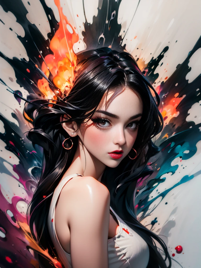 masterpiece, Best quality, ultra high resolution, Beautiful, elegant, Elegant, Award-winning art, 1 girl , portrait, half naked, (style Yuko Shimizu:1.1), (abstract art:1.2), Red lips, Silent man in chaodel pose at fashion show, style by Rebecca Guy, black hair, red fire , enveloped in flames, dark theme, Visually stunning, fabulous