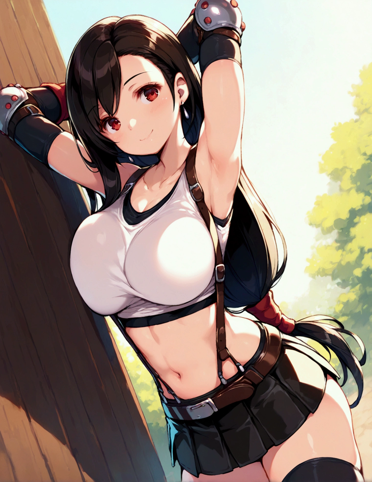 (score_9, score_8_up, score_7_up),,BREAK , ,dutch angle,,breast view, breast press,,standing,leaning on wall.arms up,arms behind head. upperbody,,Solo ,1girl, tifa lockhart, final fantasy, tareme,black hair, low-tied long hair, red eyes, bangs, (white tank top, belt, pleated skirt, thighhighs, elbow fingerless gloves, elbow pads, midriff, navel,suspender skirt) ,(large_breast),(light smile),daytime,outdoor,(ultra detailed),(best quality),(aesthetic,very aesthetic),UHD,extremely detailed CG unity 8k wallpaper,depth of field,,,detailed face and eyes