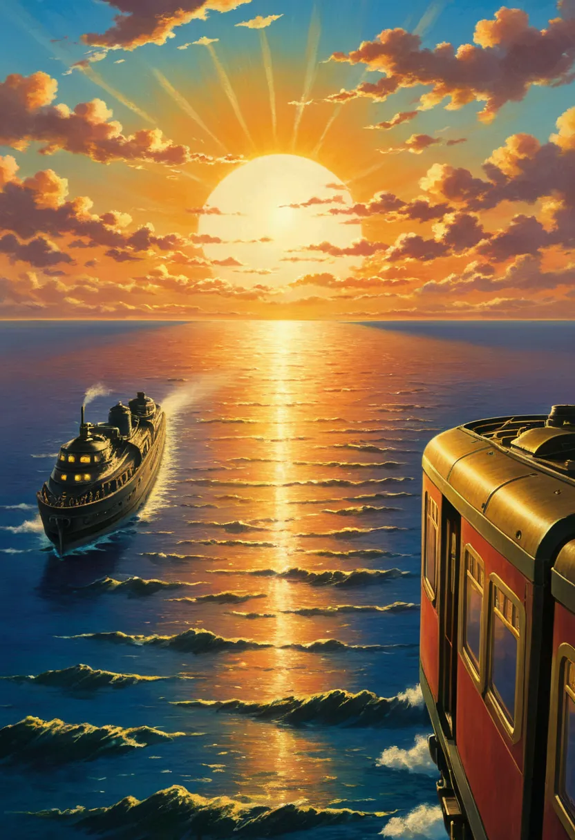 ghibli　on the sea　it&#39;s coming　a train running on the horizon of the sunset　force