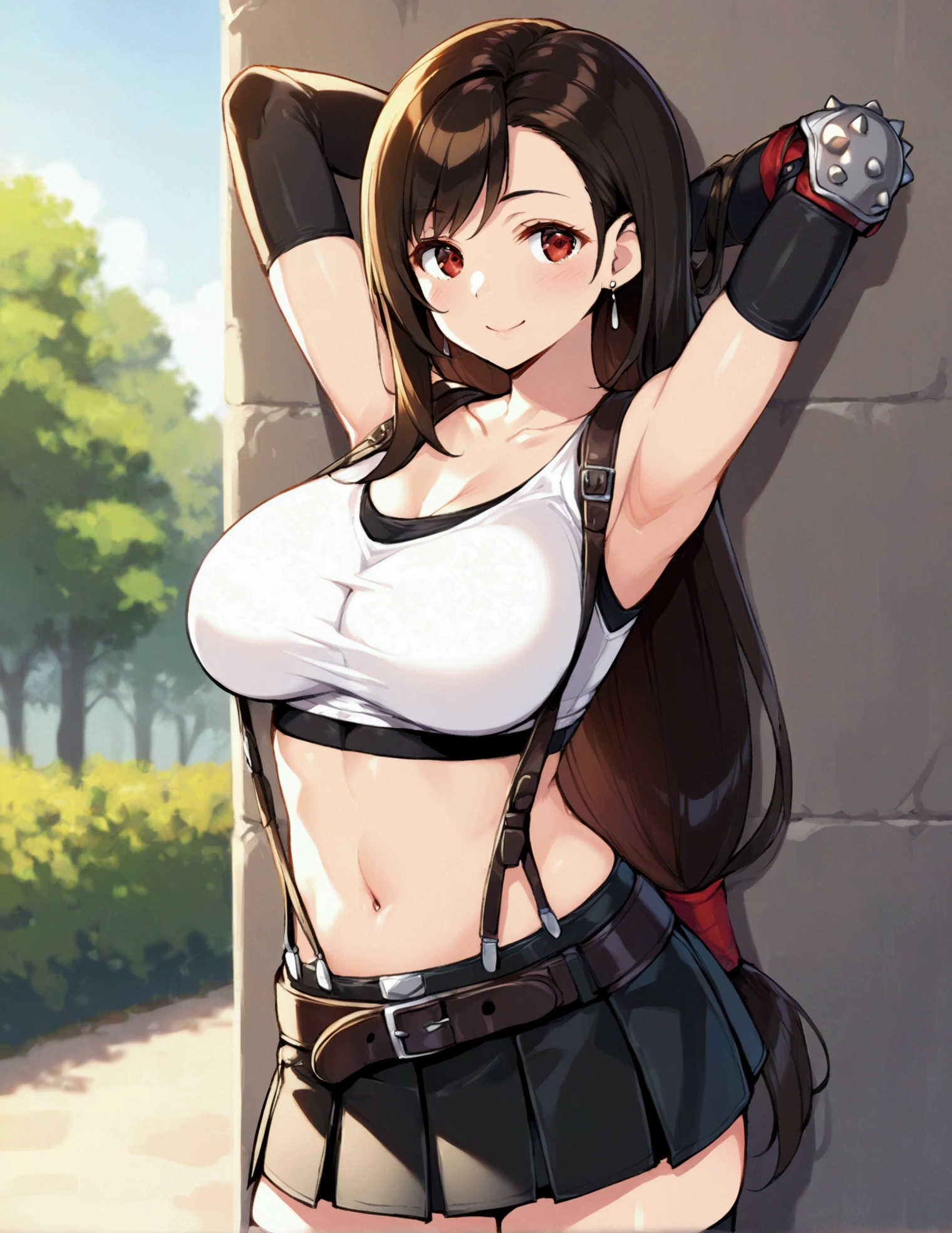 (score_9
score_8_up
score_7_up
score_6_up
score_5_up
score_4_up
source_anime),,BREAK , ,dutch angle,,breast view, breast press,,standing,leaning on wall.arms up,arms behind head. upperbody,,Solo ,1girl, tifa lockhart, final fantasy, tareme,black hair, low-tied long hair, red eyes, bangs, (white tank top, belt, pleated skirt, thighhighs, elbow fingerless gloves, elbow pads, midriff, navel,suspender skirt) ,(large_breast),(light smile),daytime,outdoor,(ultra detailed),(best quality),(aesthetic,very aesthetic),UHD,extremely detailed CG unity 8k wallpaper,depth of field,,,detailed face and eyes