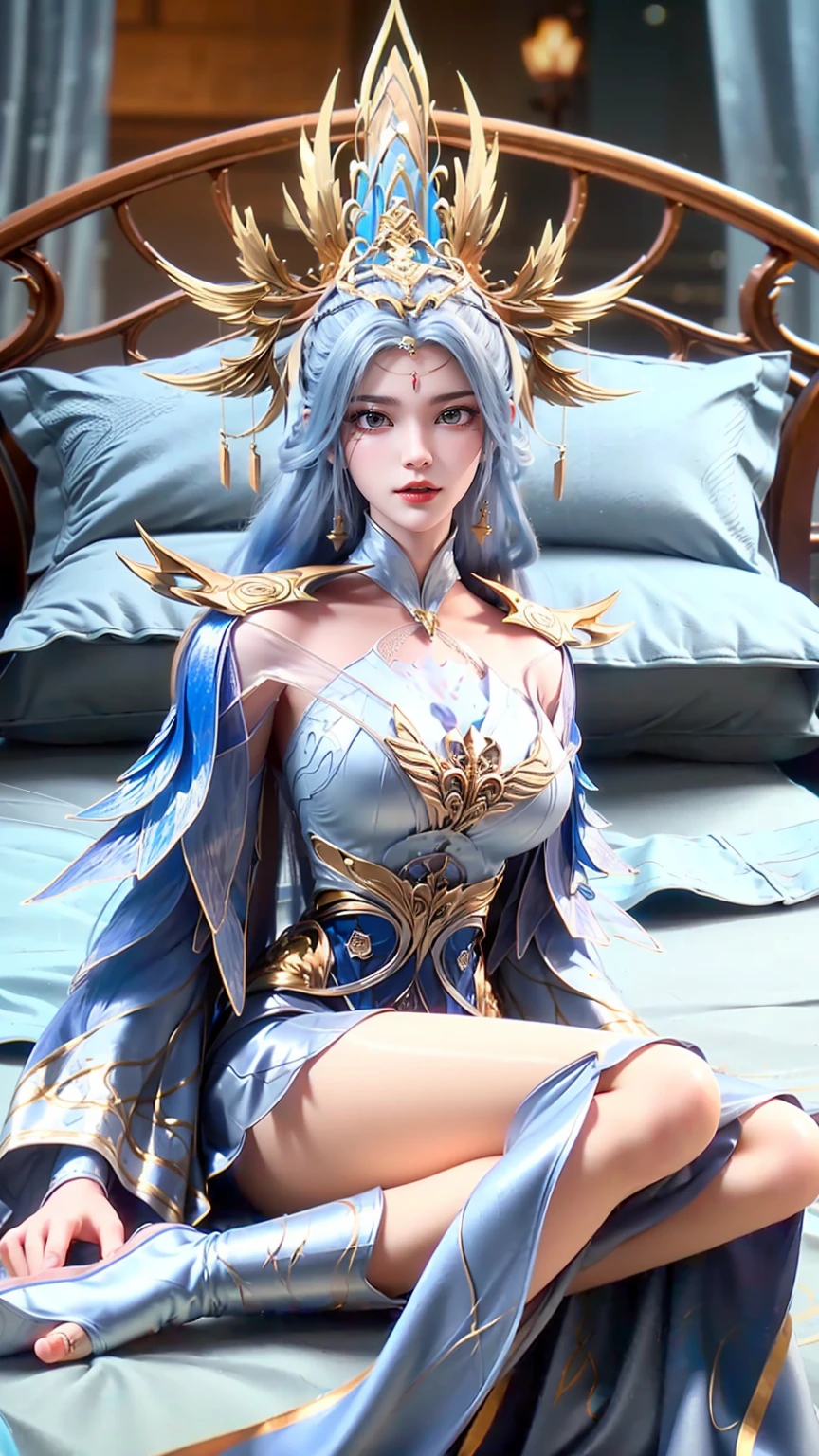 一个女孩Lying in bed，Face up，Raise your legs slightly，Front view super detailed beautiful big breasted girl 16 years old. Ultra HD, 4K, 8K, Movie，whole body，Lying down，Long legs，Very big breasts，whole body捕捉，（（（Lying in bed））），（（（whole bodyLying in bed））），big bed，Off-shoulder，Shoulder to shoulder，Lying in bed，Sleeping on the pillow，Lying down，Headrest pillows，(((Light blue long hair)))，(((Blue Eyes)))