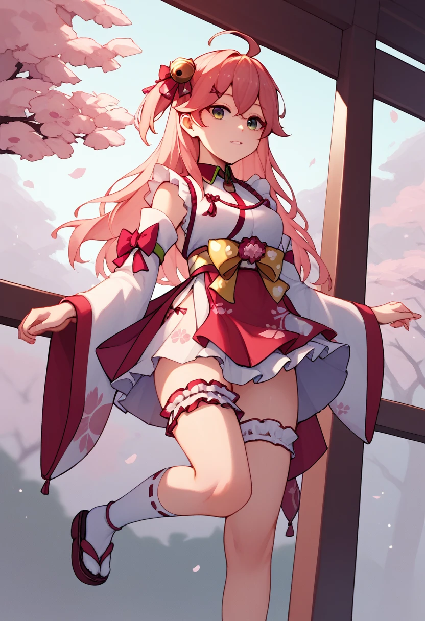 Miko Base, Long Hair, Ahoge, One side up, Hair Bell, Cherry blossom print, Non-traditional Shrine Maiden, Frills, Single knee socks, Bridal Garter