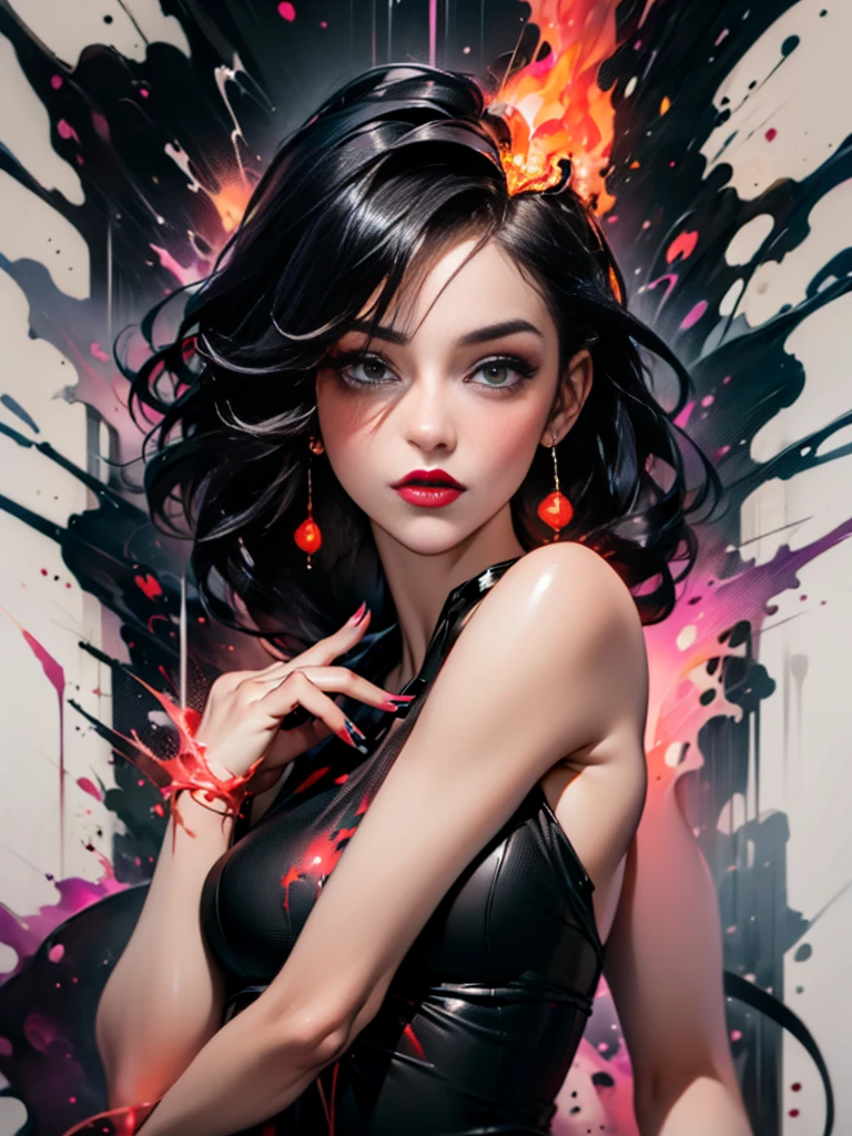 masterpiece, Best quality, ultra high resolution, Beautiful, elegant, Elegant, Award-winning art, 1 girl , portrait, half naked, (style Yuko Shimizu:1.1), (abstract art:1.2), Red lips, Silent man in chaodel pose at fashion show, style by Rebecca Guy, black hair, red fire , enveloped in flames, dark theme, Visually stunning, fabulous