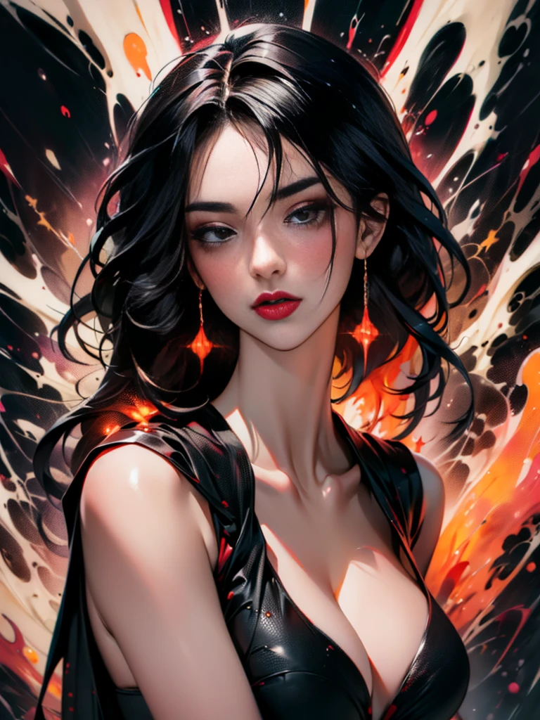 masterpiece, Best quality, ultra high resolution, Beautiful, elegant, Elegant, Award-winning art, 1 girl , portrait, half naked, (style Yuko Shimizu:1.1), (abstract art:1.2), Red lips, Silent man in chaodel pose at fashion show, style by Rebecca Guy, black hair, red fire , enveloped in flames, dark theme, Visually stunning, fabulous