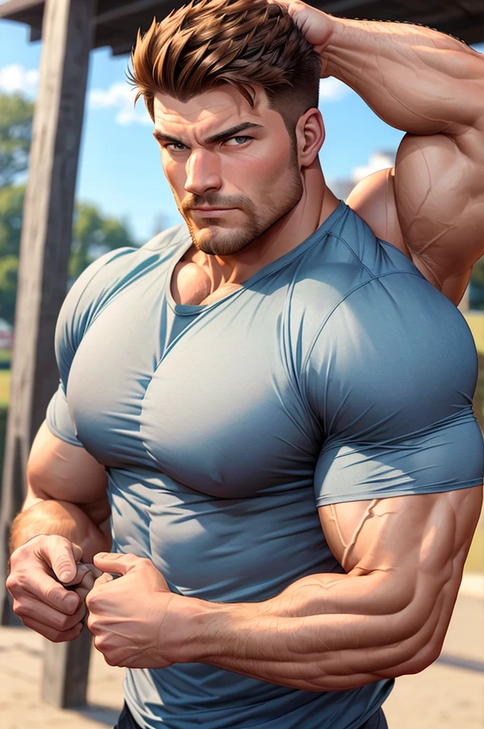 (face focus). (masculine:1.3), large strong physique:1.0, at outdoor sunny park, (muscular man wearing tight tshirt :1.2), sexy pose:1.0, styled hair, confident, handsome, (((masterpiece))), (((best quality))), (hands on waist), male, athletic, looking at viewer, (short hair), lower color saturation:1, lower contract color:1,DaveSalmoniHero, (hairy chest:1.0)