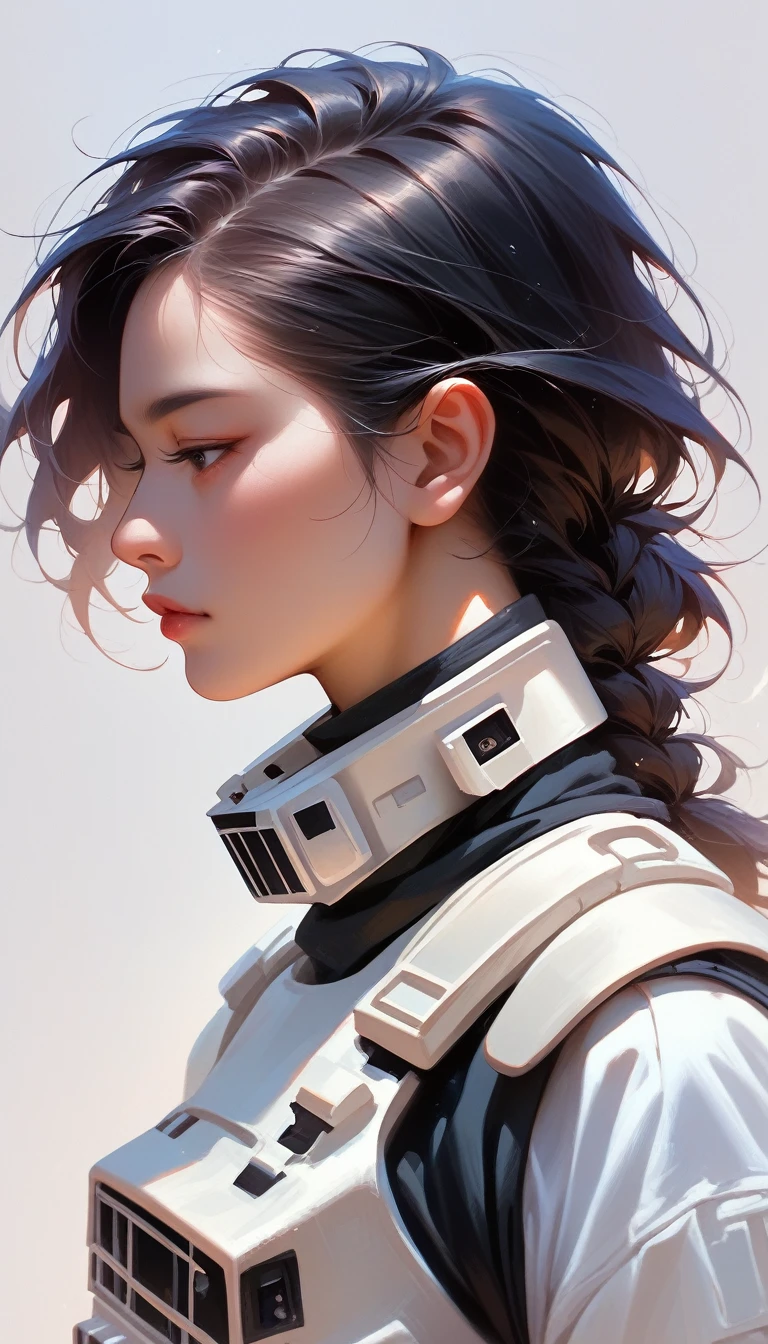 Stormtrooper、Asian、20-year-old、woman、Black Hair、profile、Upper Body、Simple Background