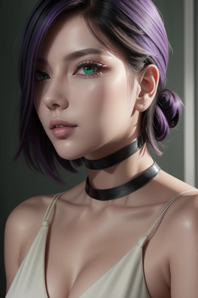 (masterpiece, best quality), intricate details, 1girl, Reze,green eyes, choker, hair between eyes, white skin, multicolor hair, purple hair, hair bun, short hair, perfect face, perfect aesthetic shape body, large breasts, white cropped dress, posing to viewer, 8k , ultra realistic.