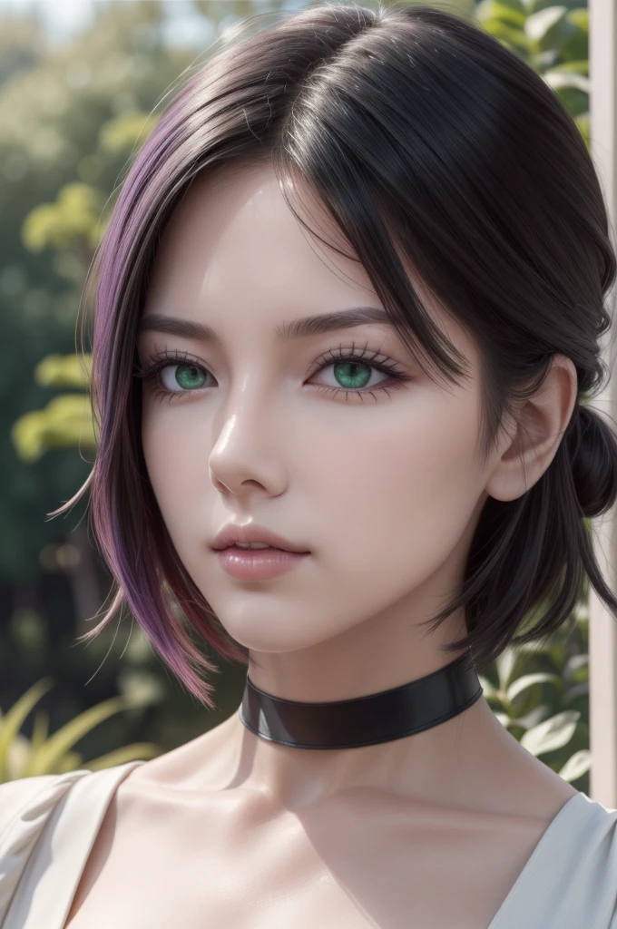 (masterpiece, best quality), intricate details, 1girl, Reze,green eyes, choker, hair between eyes, pure white skin, multicolor hair, purple hair, hair bun, short hair, perfect face, perfect aesthetic shape body, large breasts, white cropped dress, posing to viewer, 8k , ultra realistic.