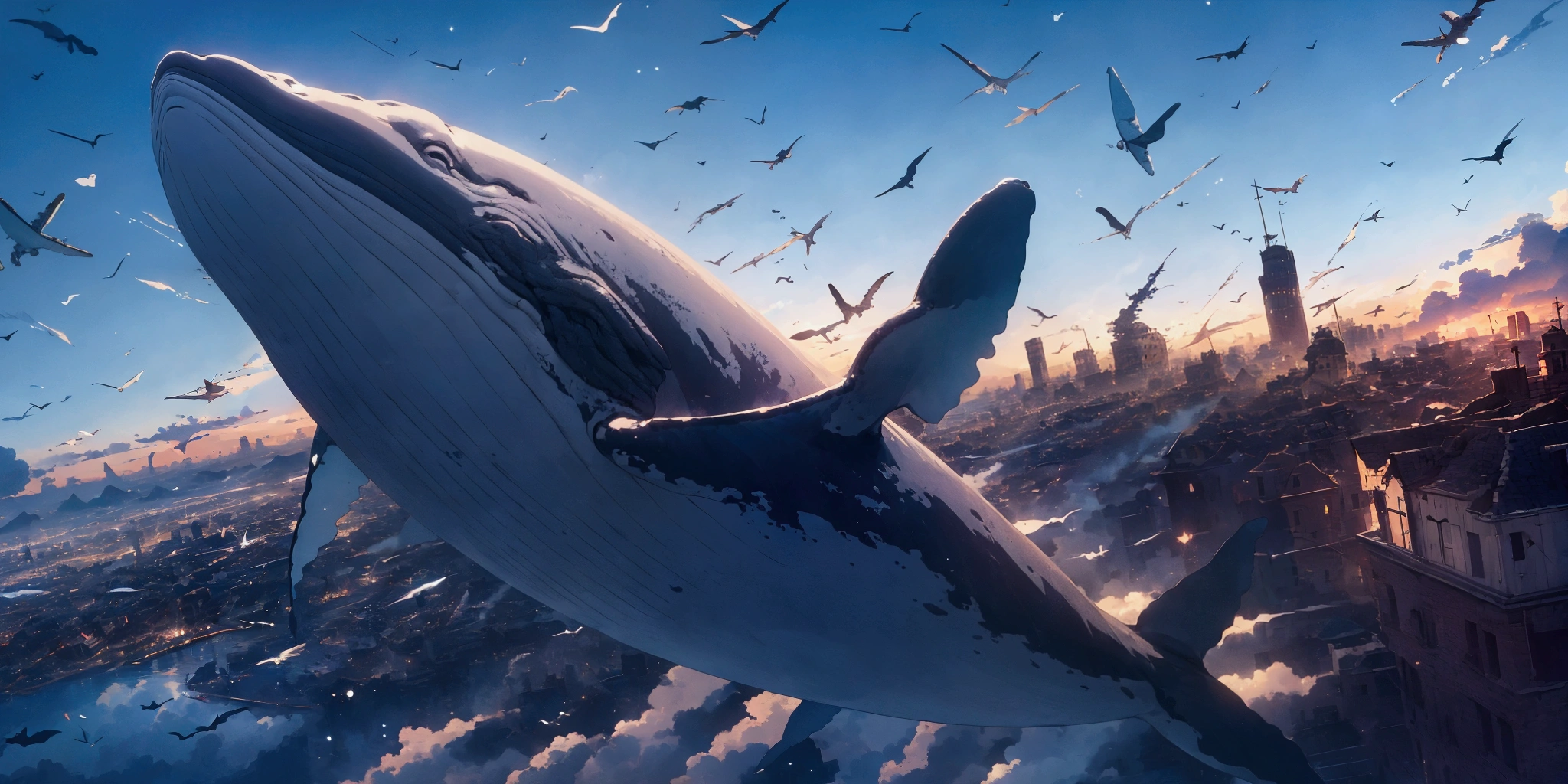 quality\(8k,wallpaper of extremely detailed CG unit, ​masterpiece,hight resolution,top-quality,top-quality real texture skin,hyper realisitic,increase the resolution,RAW photos,best qualtiy,highly detailed,the wallpaper,cinematic lighting,ray trace,golden ratio\), BREAK ,1whale\(whale\(realistic,white\),(flying in the air\(above the town\):1.5),(huge:1.5),(white:1.3), evil, horrible,mouth open,big scars, attacking the town\(old American town, crashed,broken,crashed,rubble\), flying toward viewer,dynamic pose, dynamic action\), BREAK ,1man\(Captain Ahab,holding large harpoon,1prosthetic leg,from back,standing\), BREAK ,background\(old American town\),(dynamic angle:1.5),