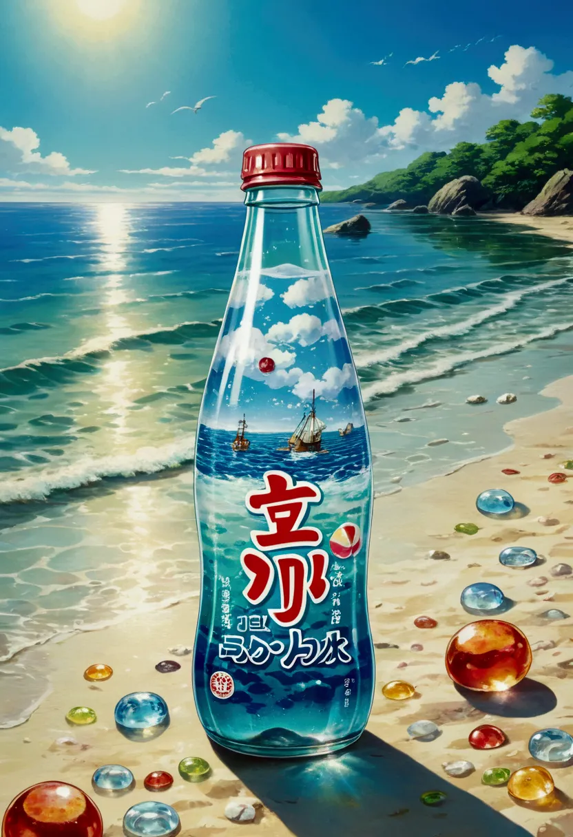 ghibli　ramune soda on the beach　swimming in the sea