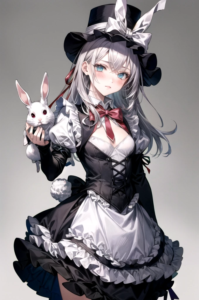 (((Wearing a top hat、Woman holding a rabbit on her chest))), knees、Cowboy Shot、Official Art、Unity8k wallpaper、Ultra-detailed、Beautiful and aesthetic、masterpiece、Highest quality、Detailed eyes、Red eyes、(((Small breasts)))、Cowboy Shot、above kneese、Vania Zhuravlyov, Floral Punk Elysian Maiden, (((Alice in Wonderland in Gothic Lolita Fashion))),Hajime Sorayama Aaron Horkey, Alice in Wonderland Cyberpunk, Alice in Wonderland portrait, Jean＝Sebastian Rosbach, BaroqueVisual KeiDecorative Art, inspired by Tsukioka Yoshitoshi、(((No background))),