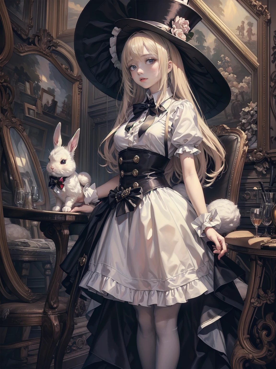 (((Wearing a top hat、Woman holding a rabbit on her chest))), knees、Cowboy Shot、Official Art、Unity8k wallpaper、Ultra-detailed、Beautiful and aesthetic、masterpiece、Highest quality、Detailed eyes、Red eyes、(((Small breasts)))、Cowboy Shot、above kneese、Vania Zhuravlyov, Floral Punk Elysian Maiden, (((Alice in Wonderland in Gothic Lolita Fashion))),Hajime Sorayama Aaron Horkey, Alice in Wonderland Cyberpunk, Alice in Wonderland portrait, Jean＝Sebastian Rosbach, BaroqueVisual KeiDecorative Art, inspired by Tsukioka Yoshitoshi、(((No background))),