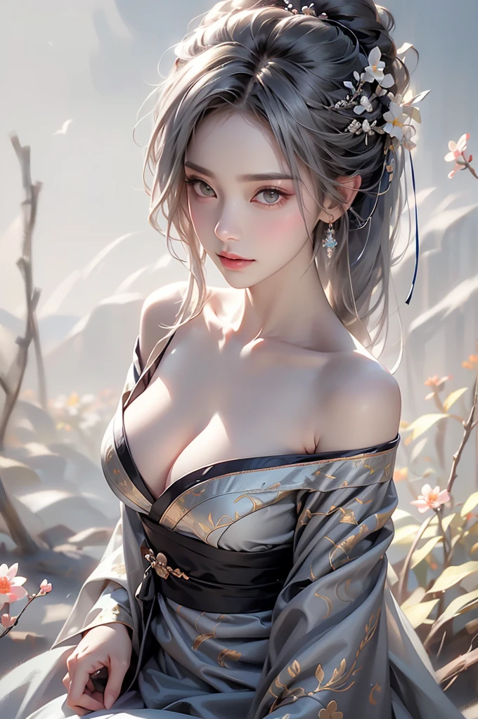 ((Above the knees image:1.3、stand))super high quality, masterpiece, Perfect illustration, Very detailed (Exquisite light and shadow, Very dramatic photo,Backlight) , ((Gray Hair:1.5))1 Girl,(( alone:1.6)), (Wearing Han clothes, Black Hanfu,Monotony,Long sleeve、Gorgeous costumes、Highly decorated Hanfu) Flower Field, Flowers, (White smoke:1.3) (Realistic:1.4), Zen Intertwining, Tangled, Official Art, unity 8k wallpaper, Very detailed, Beautiful and beautiful, masterpiece, Highest quality, (Dynamic Angle: 1.4), Glowing Skin, (Floating colorful flashes: 1) The most beautiful chaotic shapes, elegant, Brutalist Design, Bright colors, Romantic Depth of Field Exotic_dance, half_naked、Expose your shoulders、Ample breasts、Great cleavage、Dynamic pose、Backlight,
