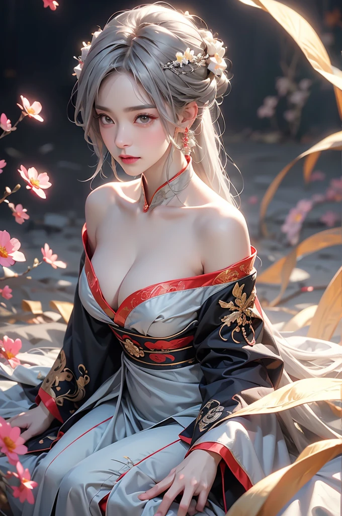 ((Above the knees image:1.3、stand))super high quality, masterpiece, Perfect illustration, Very detailed (Exquisite light and shadow, Very dramatic photo,Backlight) , ((Gray Hair:1.5))1 Girl,(( alone:1.6)), (Wearing Han clothes, Black Hanfu,Monotony,Long sleeve、Gorgeous costumes、Highly decorated Hanfu) Flower Field, Flowers, (White smoke:1.3) (Realistic:1.4), Zen Intertwining, Tangled, Official Art, unity 8k wallpaper, Very detailed, Beautiful and beautiful, masterpiece, Highest quality, (Dynamic Angle: 1.4), Glowing Skin, (Floating colorful flashes: 1) The most beautiful chaotic shapes, elegant, Brutalist Design, Bright colors, Romantic Depth of Field Exotic_dance, half_naked、Expose your shoulders、Ample breasts、Great cleavage、Dynamic pose、Backlight,
