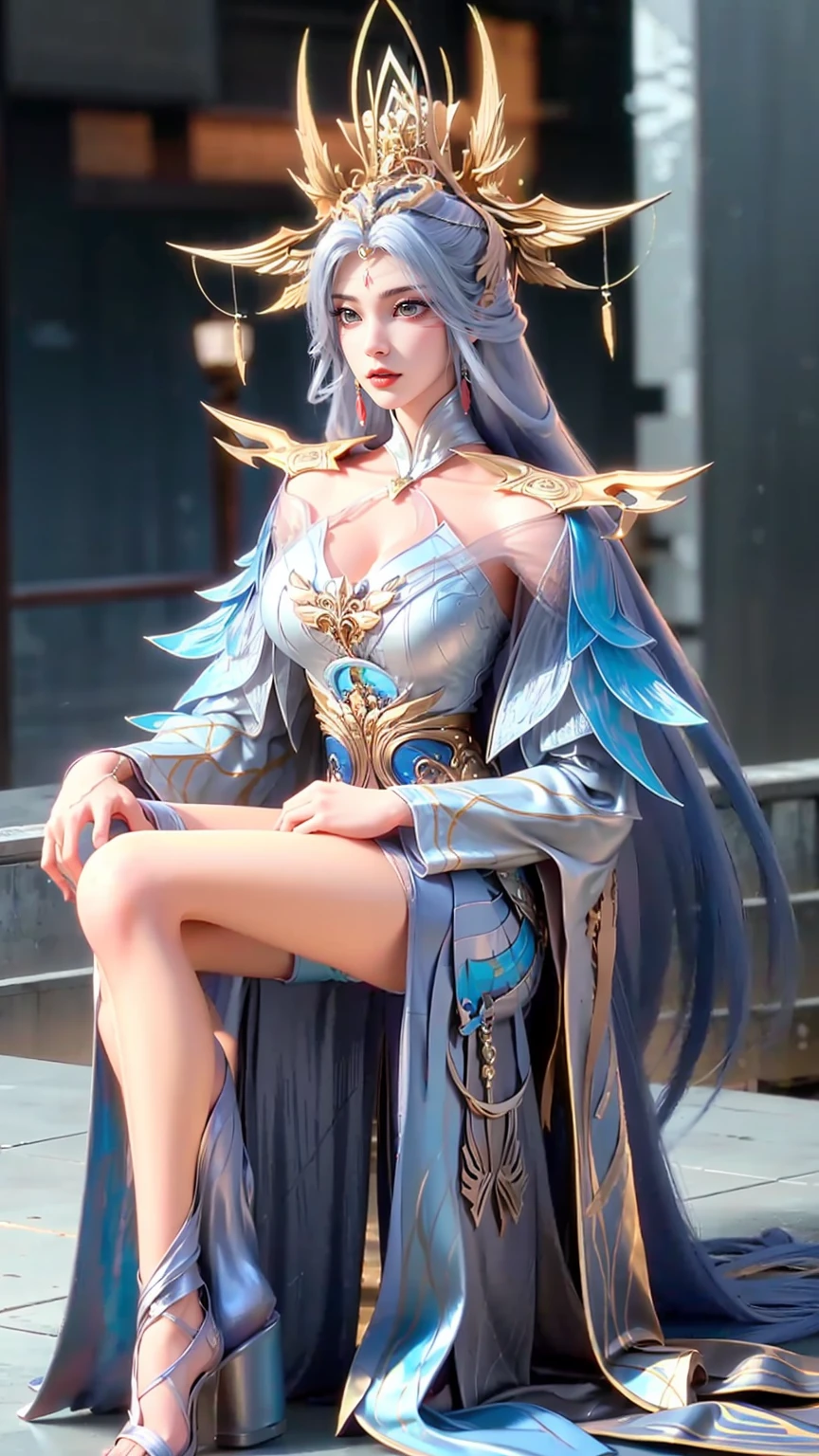 Arad woman in a dress sitting on a throne, cute anime waifu in a nice dress, trending on cgstation, 8K high quality detailed art, anime barbie in white, highly detailed exquisite fanart, Extremely detailed Artgerm, the anime girl is crouching, Flowing magic robe, Beautiful and attractive anime woman, WLOP 和 Sakimichan，(((Light blue long hair)))，(((Blue Eyes)))