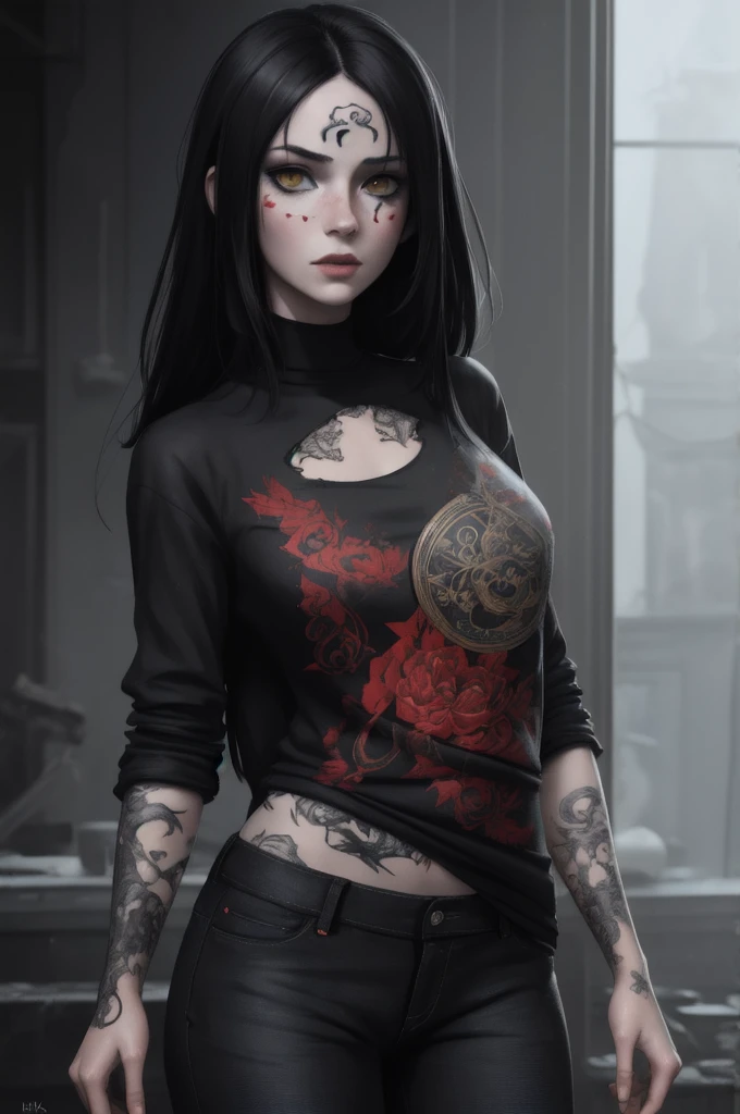 Aesthetic, horror Devil dark painterly style, modern ink, girl Boruto + Arlequina feiticeira black blood dark jeans short tshirts espinhos tattoo, expressive pose, urbanpunk, multi-layered perfect texture background, neo-expressionist, Russ Mills, Ian Miller, Harrison Fisher, Brian Froud, Jeremy Mann, Steadman , Hanuka, Klimt, Bell, Hobbie, Newton, greg rutkowski, atmospheric, hyperdetail, artstation trend, artgerm, deviant art, octane, masterpiece, complex art, intricat