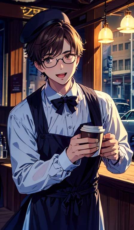 masterpiece, Highest quality, (alone focus), (Perfect Face:1.1), (Attention to detail:1.1),dramatic, gentleman,1 person, (Healthy Skin),silk hat,White eyes,[glasses], Monocle,alone,White collared shirt,Black Apron,Wide open mouth smile,LOL,looking at the camera,Detailed Background,art,Coffee shop,Cinema Lighting,Coffee in hand