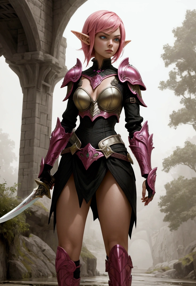 A striking woman with short, vivid pink hair dons elegant elf armor, standing tall on a misty stone bridge. Her piercing eyes reflect determination as she grips a gleaming sword, prepared for any challenge.