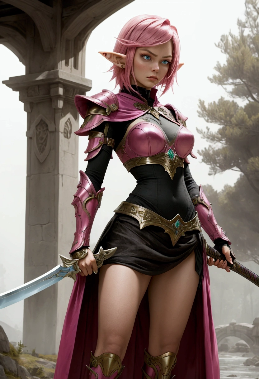 A striking woman with short, vivid pink hair dons elegant elf armor, standing tall on a misty stone bridge. Her piercing eyes reflect determination as she grips a gleaming sword, prepared for any challenge.