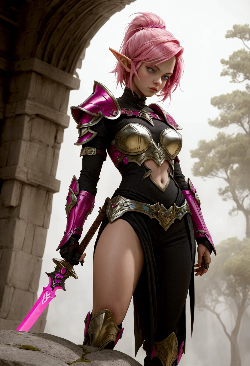 A striking woman with short, vivid pink hair dons elegant elf armor, standing tall on a misty stone bridge. Her piercing eyes reflect determination as she grips a gleaming sword, prepared for any challenge.