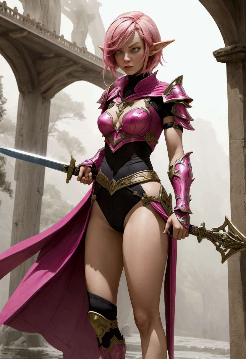 A striking woman with short, vivid pink hair dons elegant elf armor, standing tall on a misty stone bridge. Her piercing eyes reflect determination as she grips a gleaming sword, prepared for any challenge.