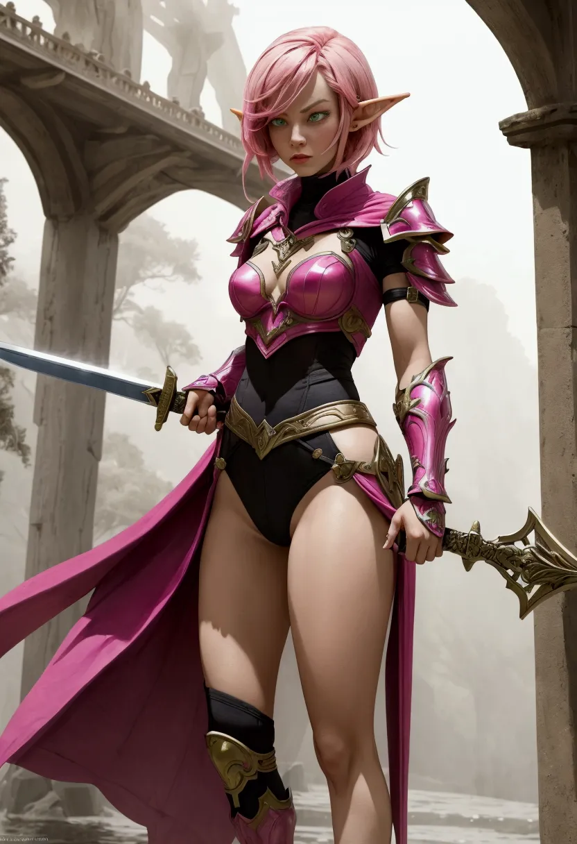 A striking woman with short, vivid pink hair dons elegant elf armor, standing tall on a misty stone bridge. Her piercing eyes re...