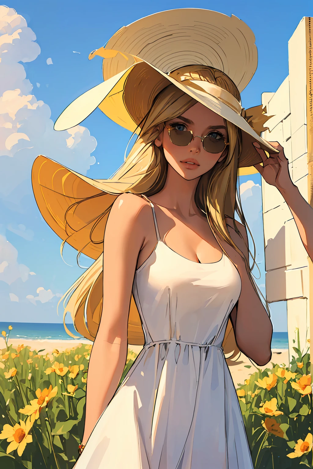 (best quality: 1.2), clean face, (masterpiece: 1.2, 8k) perfect anatomy, 1girl,a beautiful fashion model ,(masterpiece, official art, best quality  shiny hair, blonde hair with streaks in hair, full lips,  big breasts, looking at viewer, (sun dress, sun hat, sun glasses), long abdomen