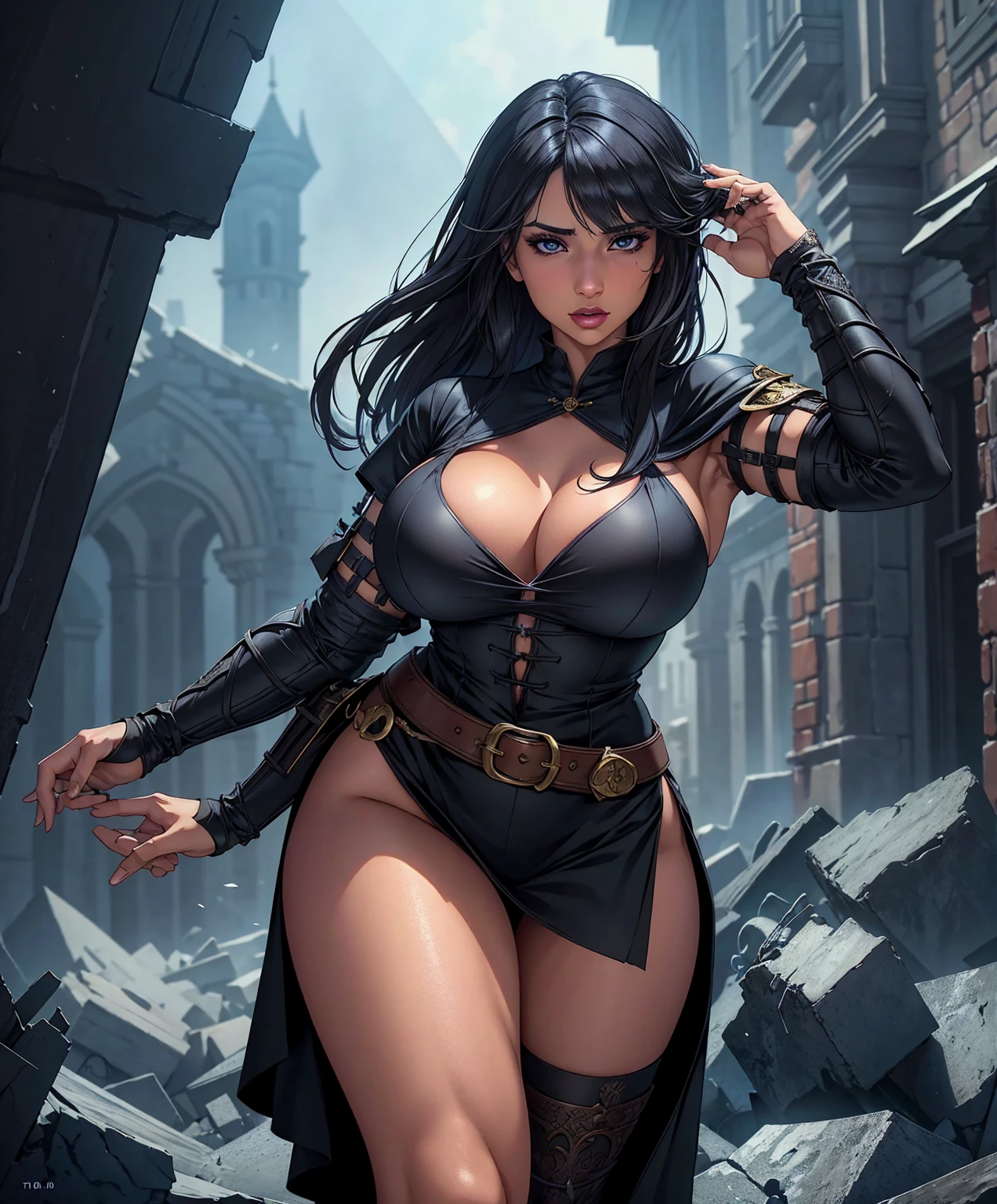 score_9, score_8_up, score_8,  (((Single character image.))) (((1girl))) (((Solo))) (((Dressed in medieval fantasy attire.)))   (((She wears medieval fantasy attire.))) Generate an attractive, sexy female adventurer for a fantasy setting.    Behind her is the crumbled ruins of a dark destroyed medieval city.  She looks dangerous, untrustworthy and somewhat sinister.  She has an intimidating, sinister stare.    It is dark and night time. adventurer, athletic build, excellent physique, confident, gorgeous face, gorgeous body,  detailed and intricate, fantasy setting,fantasy art, dungeons & dragons, fantasy adventurer, fantasy NPC, attractive , ultra detailed, epic masterpiece, ultra detailed, intricate details, digital art, unreal engine, 8k, ultra HD, centered image award winning, fantasy art concept, digital art, centered image, flirty, best quality:1.0,hyperealistic:1.0,photorealistic:1.0,madly detailed CG unity 8k wallpaper:1.0,masterpiece:1.3,madly detailed photo:1.2, hyper-realistic lifelike texture:1.4, picture-perfect:1.0,8k