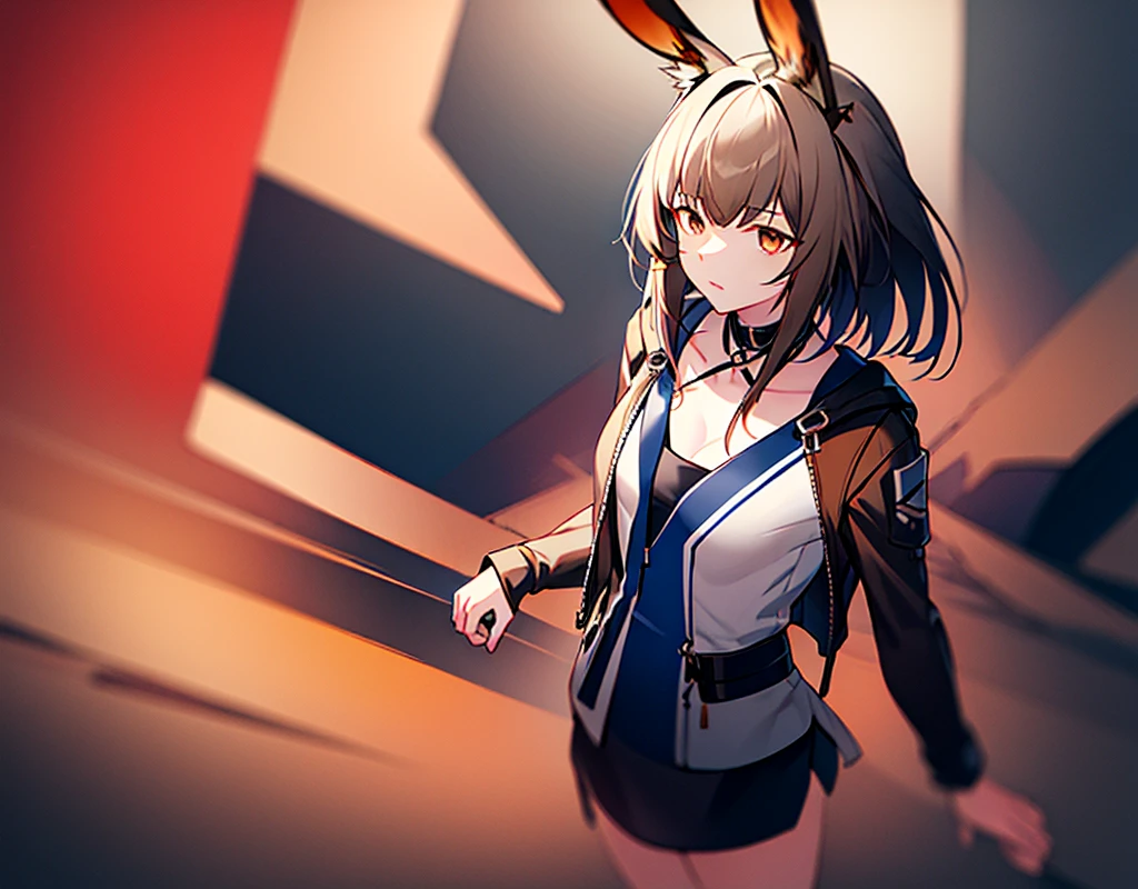 
(Arknights) Amiya standing in the middle of the battlefield, cinematic, high resolution, red-fiery background, best quality, masterpiece, detailed, brown eyes, long dark brown pony style hair, long pointy bunny ears, long sleeves black hoodie leather jacket, dark blue skirt, black stocking with brown-ish light, small bust