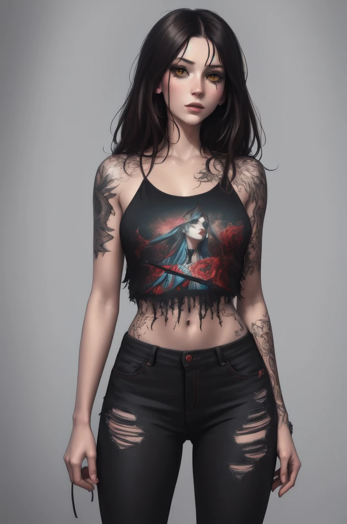 Aesthetic, horror Devil dark painterly style, modern ink, girl sexy Sensual lunna + Sakura feiticeira red Neon lux jeans short tshirts cat tattoo, expressive pose, urbanpunk, multi-layered perfect texture background, neo-expressionist, Russ Mills, Ian Miller, Harrison Fisher, Brian Froud, Jeremy Mann, Steadman , Hanuka, Klimt, Bell, Hobbie, Newton, greg rutkowski, atmospheric, hyperdetail, artstation trend, artgerm, deviant art, octane, masterpiece, complex art, intricat