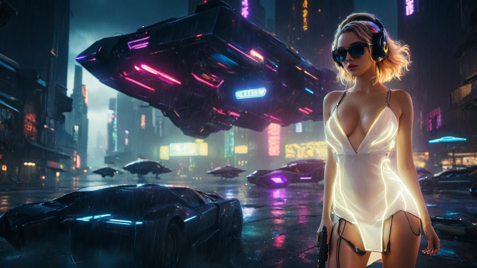 (aerial view, a flying cars docking platform, a very dark abandoned futuristic city, neon lights), rainy night. (((1girl, solo, alone))), large-breast:1.2 slim body, cleavage:1.1, sexy wind blowing wet dress:1.4, (((headphone, black sunglasses, standing and holding pistol:1.8, dynamic rushing pose))), (((((half-body thigh level medium shot))))), cinematic lighting, lens flare, ray tracing.