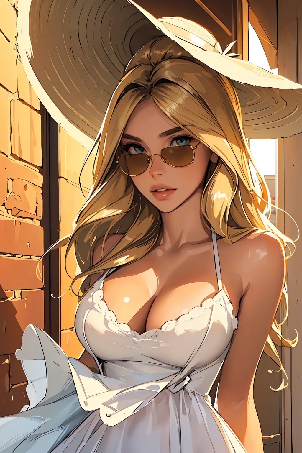 (best quality: 1.2), clean face, (masterpiece: 1.2, 8k) perfect anatomy, 1girl,a beautiful fashion model ,(masterpiece, official art, best quality  shiny hair, blonde hair with streaks in hair, full lips,  big breasts, slutty outfit, cleavage, shiny skin, looking at viewer, (sun dress, sun hat, sun glasses), long abdomen