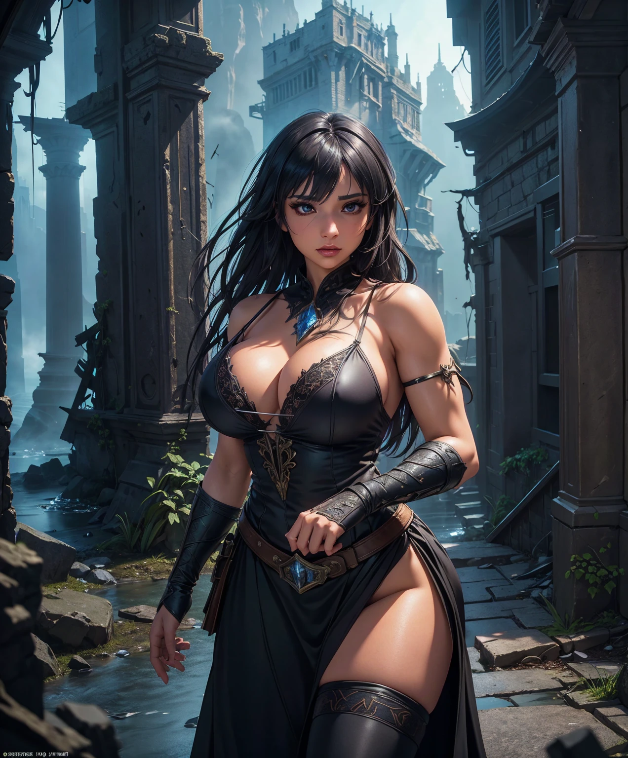 score_9, score_8_up, score_8,  (((Single character image.))) (((1girl))) (((Solo))) (((Dressed in medieval fantasy attire.)))   (((She wears medieval fantasy attire.))) Generate an attractive, sexy female adventurer for a fantasy setting.    Behind her is the crumbled ruins of a dark destroyed medieval city.  She looks dangerous, untrustworthy and somewhat sinister.  She has an intimidating, sinister stare.    It is dark and night time. adventurer, athletic build, excellent physique, confident, gorgeous face, gorgeous body,  detailed and intricate, fantasy setting,fantasy art, dungeons & dragons, fantasy adventurer, fantasy NPC, attractive , ultra detailed, epic masterpiece, ultra detailed, intricate details, digital art, unreal engine, 8k, ultra HD, centered image award winning, fantasy art concept, digital art, centered image, flirty, best quality:1.0,hyperealistic:1.0,photorealistic:1.0,madly detailed CG unity 8k wallpaper:1.0,masterpiece:1.3,madly detailed photo:1.2, hyper-realistic lifelike texture:1.4, picture-perfect:1.0,8k