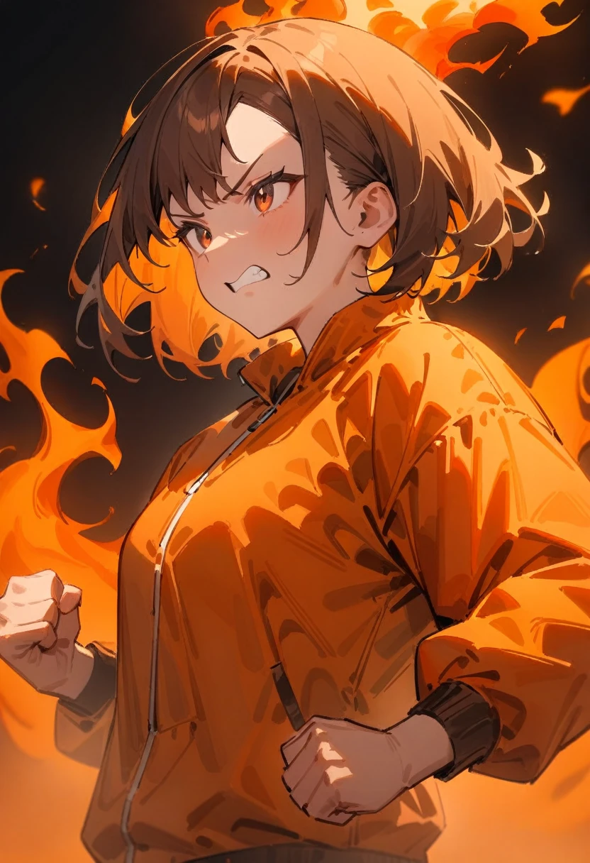 masterpiece, best quality, very aesthetic, absurdres, newest, asymmetrical bangs, tareme, 1girl, solo, short hair, simple background, brown hair, long sleeves, brown eyes, jacket, upper body, hand on hip, fire, clenched teeth, clenched hand ,fire, black background, orange theme, burning