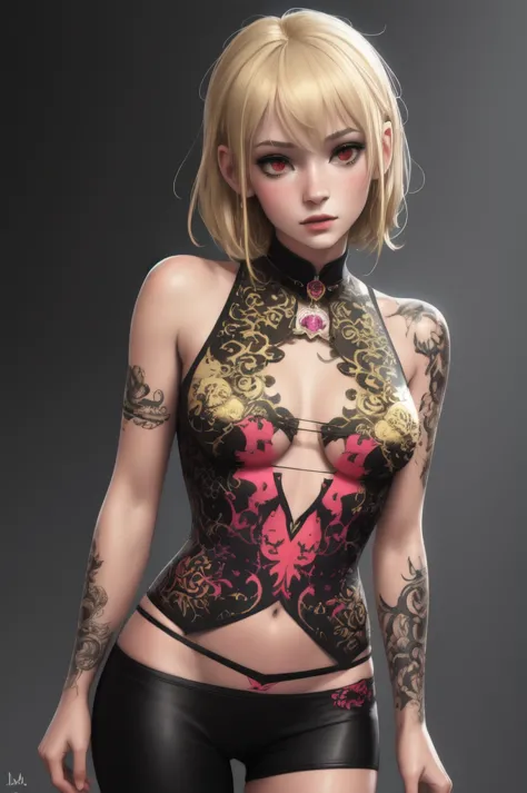 Aesthetic, horror Devil dark painterly style, modern ink, girl sexy Sensual Blonde lunna + Sakura feiticeira Golden pink Neon sh...
