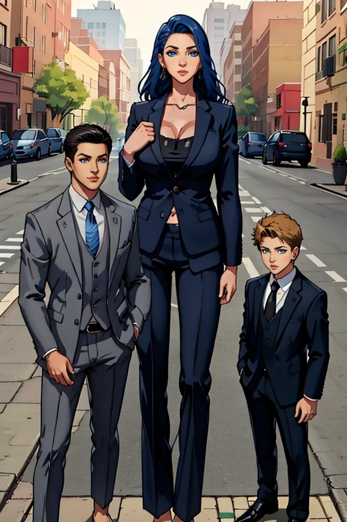 Tall wife in the middle, short husband in the left, short son in the right, beautiful faces, wife is wearing suit and pants, wife has big , wife is showing cleavage, wife is ripped, wife's suit has a belly button cutout, wife has ripped visible abs, make the girls even more taller than the boys, boys are very thin and weak, boys wearing suit and pants, wife is standing barefoot, boys are wearing office shoes