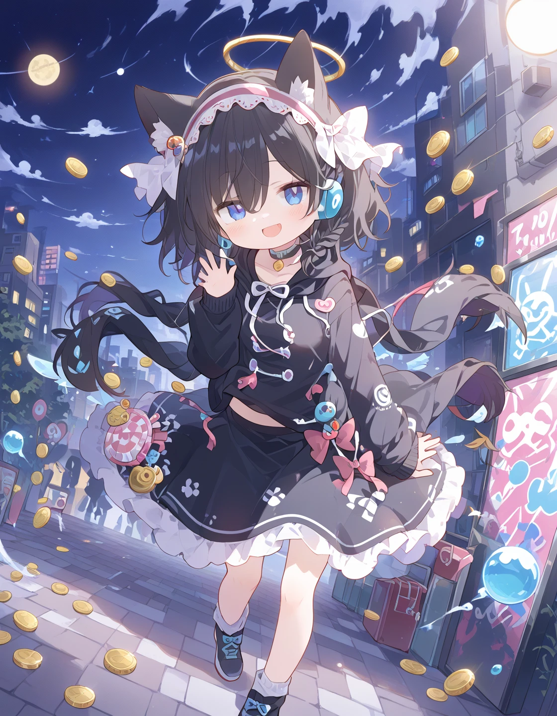 best quality, coins, wonderland, wind, dynamic angle, looking at viewer, kawaii, promotional art, standing score_9, score_8_up, score_7_up,1girl, :d, dark skin, blue eyes, black hair, braid, choker, hair over one eye, hairband, long sleeves, looking at viewer, open mouth, black hoodie, skirt, headset, smile, listening to music, solo, white hairband, black skirt, busy futuristic street, night, graffiti on wall, full body picture.