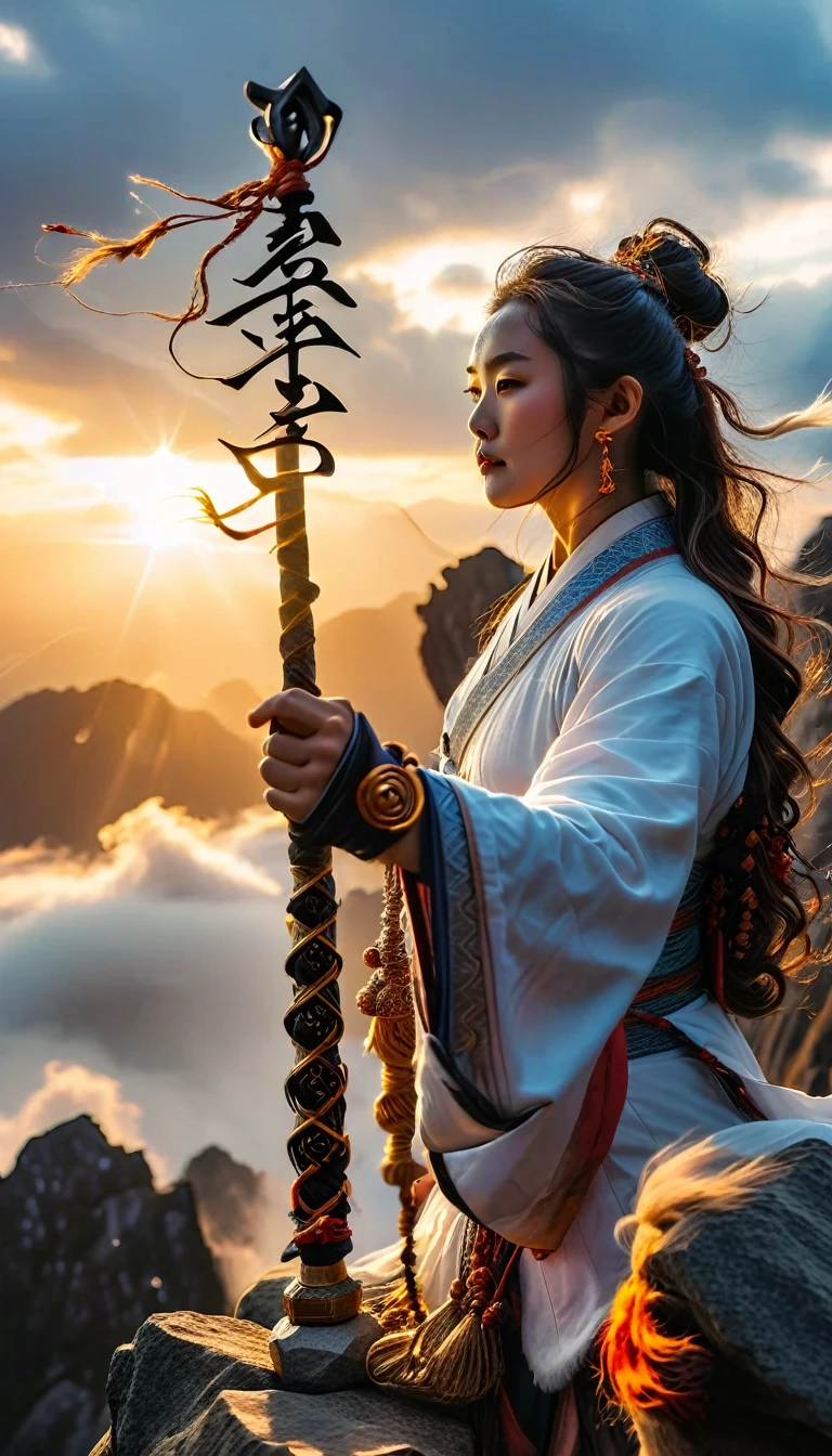 Close-up
Mountain peak
Adventurer
Ruyi Jingu Bang
Wand changing size
Dusk
Golden hour light
Cloudy sky
Wind-blown
Rocks
Holding wand
Power surge
Determined face
Ancient script
Mystical aura
Energy
Legendary
Transformation
Strong grip
Focus