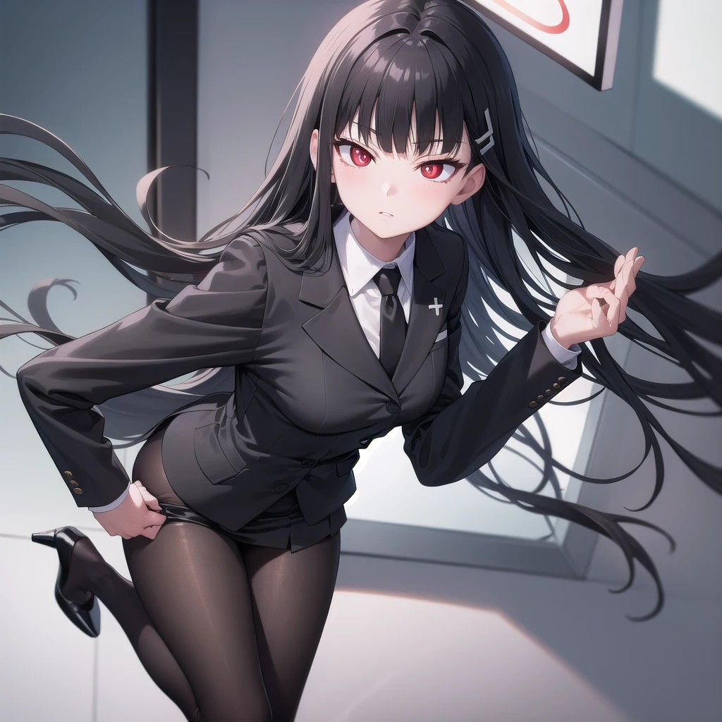 riotsukatsuki, rio, black hair, (red eyes:1.5), hair ornament, hairclip, halo, long hair,
BREAK black footwear, black jacket, black pantyhose, black skirt, buttoned cuffs, high heels, jacket, long sleeves, office lady, pantyhose, naked chest, skirt, sweater, thigh strap, turtleneck, turtleneck sweater, white sweater,
BREAK looking at viewer, 
BREAK indoors, office,
BREAK (masterpiece:1.2), best quality, high resolution, unity 8k wallpaper, (illustration:0.8), (beautiful detailed eyes:1.6), extremely detailed face, perfect lighting, extremely detailed CG, (perfect hands, perfect anatomy),