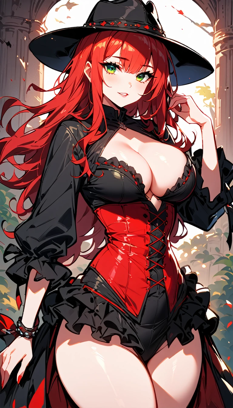 (high quality, 8k, 4K, high contrast, artwork:1.2, high quality, best aesthetics), (centered), ((1 woman)), erotic, sensual, mature body, super detailed, beautiful face detailed, beautiful eyes detailed, detailed beautiful mouth, perfect breats, perfect wide thighs, (red hair), (long red hair), (messy red hair), (green eyes), (gentle calm expression), (piercing gaze), (looking at viewer), (black cowboy hat), (red and black corset), (cleavage on the breasts), (long red and black ruffled skirt), (women's cowboy clothes), (standing), (front view)