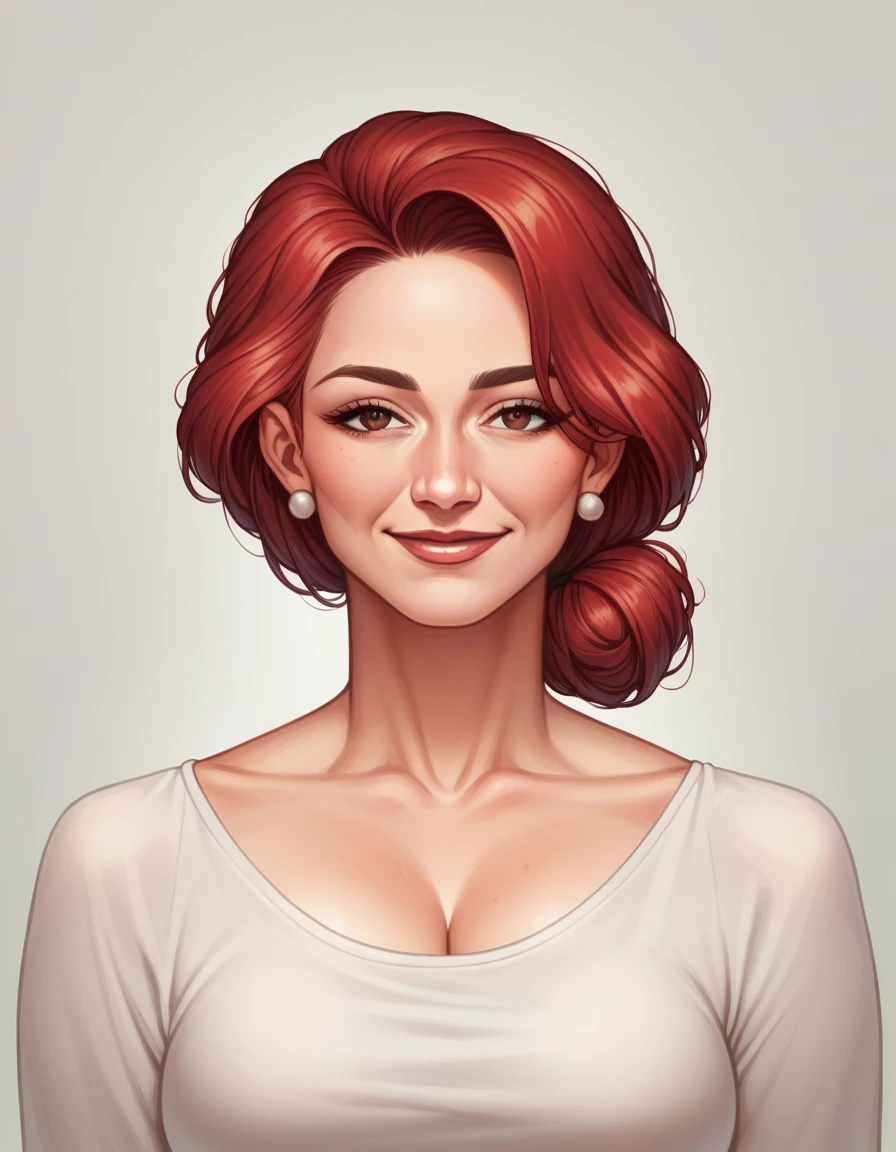 best quality, super fine, 16k, incredibly absurdres, extremely detailed, 2.5D, delicate and dynamic, a beautiful woman of 40 years, mature woman, slight smile. Mahogany-red hair, brown eyes, downturned eye shape, black eyebrows, strong eyebrows. High cheekbones, strong chin. Freckles. Large breasts, voluptuous, broad hips. Wearing a white blouse, tweed skirt. (Walking across beautiful English countryside)