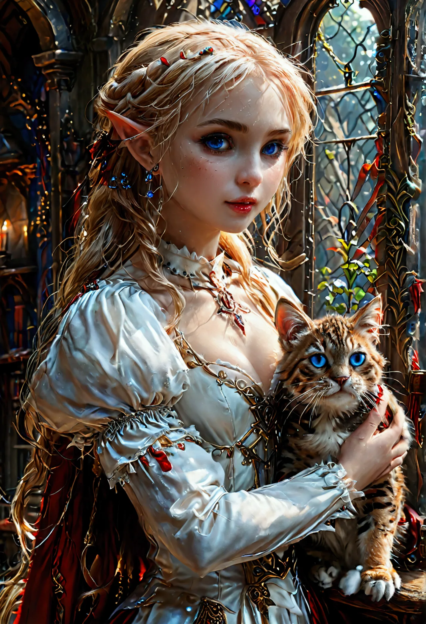 arafed a picture of elf vampire in her castle and her pet epic cat an exquisite beautiful female elf vampire (ultra details, mas...