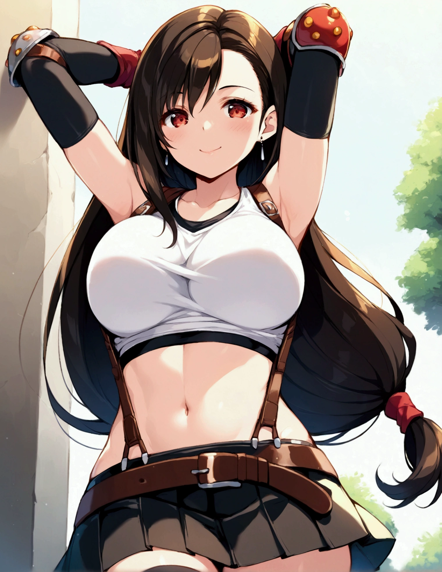 (score_9
score_8_up
score_7_up
score_6_up
score_5_up
score_4_up
source_anime),,BREAK , ,dutch angle,,breast below view, breast press,,standing,leaning on wall.arms up,arms behind head. upperbody,,Solo ,1girl, tifa lockhart, final fantasy, tareme,black hair, low-tied long hair, red eyes, bangs, (white tank top, belt, pleated skirt, thighhighs, elbow fingerless gloves, elbow pads, midriff, navel,suspender skirt) ,(large_breast),(light smile),daytime,outdoor,(ultra detailed),(best quality),(aesthetic,very aesthetic),UHD,extremely detailed CG unity 8k wallpaper,depth of field,,,detailed face and eyes