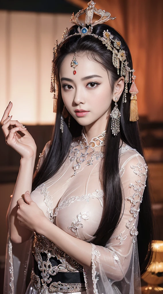 masterpiece, best quality, 1 girl, ((Large Breasts)， Long hair，(Siamese transparent black silk)，(On clothes，Breast position，There are jewelry，Five circles, )，Looking at the audience, (precise、Perfect face shape:1.3)，（Beautiful fingers），(Crotch front display)，Ultra HD，Ray Tracing,，reflected light， Correct structure，The award-winning，High Detail，Reduce shadow contrast，Facial lighting ，Cinema Lighting，masterpiece，Super Detail，high quality，High Detail， best quality，16K，High contrast，Close-up of woman, A young woman plays, Chinese Empress, yun ling, song nan li, , gujian,  zhao yun, Chinese Princess