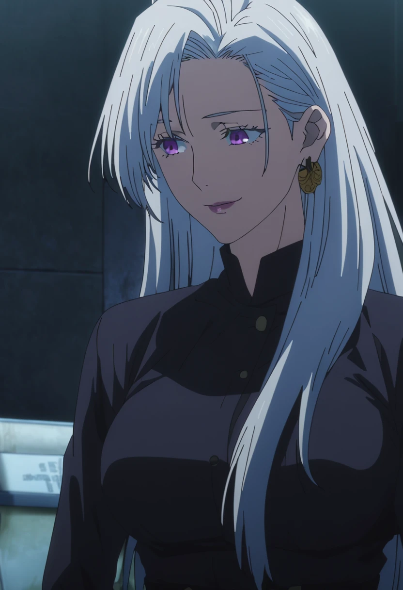 1girl, female gojo satoru, anime screencap from jujutsu kaisen, gojo satoru female version, solo, long_hair, ((purple eyes)) ((White_hair, hair over ear from one side))((slicked hair)) , night view, (hanging breasts) upper_body, smile, indoors, book, lips, (long hair) ((wearing black colour outfit, glossy)) breast, "very detailed and high resolution" (purple eyes) ((solo)) (((front view))) (earings) ((high resolution)) ((good quality)) ((silky hair, hair over ear from one side))((hair slicked)) ((shy))