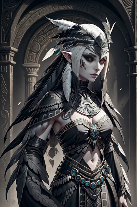 medieval fantasy, female lamia, (black iris), (grey pulil), black snake tail, (long white hairs), ((very pale skin)), ((black fe...