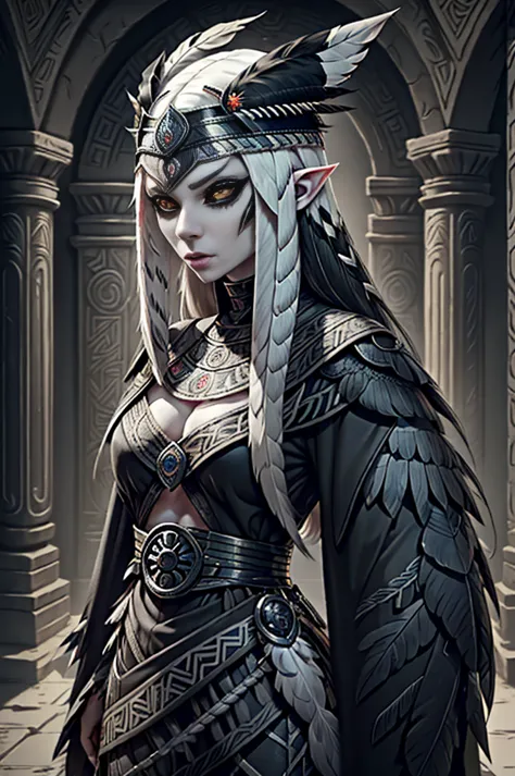 medieval fantasy, female lamia, (black iris), (grey pulil), black snake tail, (long white hairs), ((very pale skin)), ((black fe...