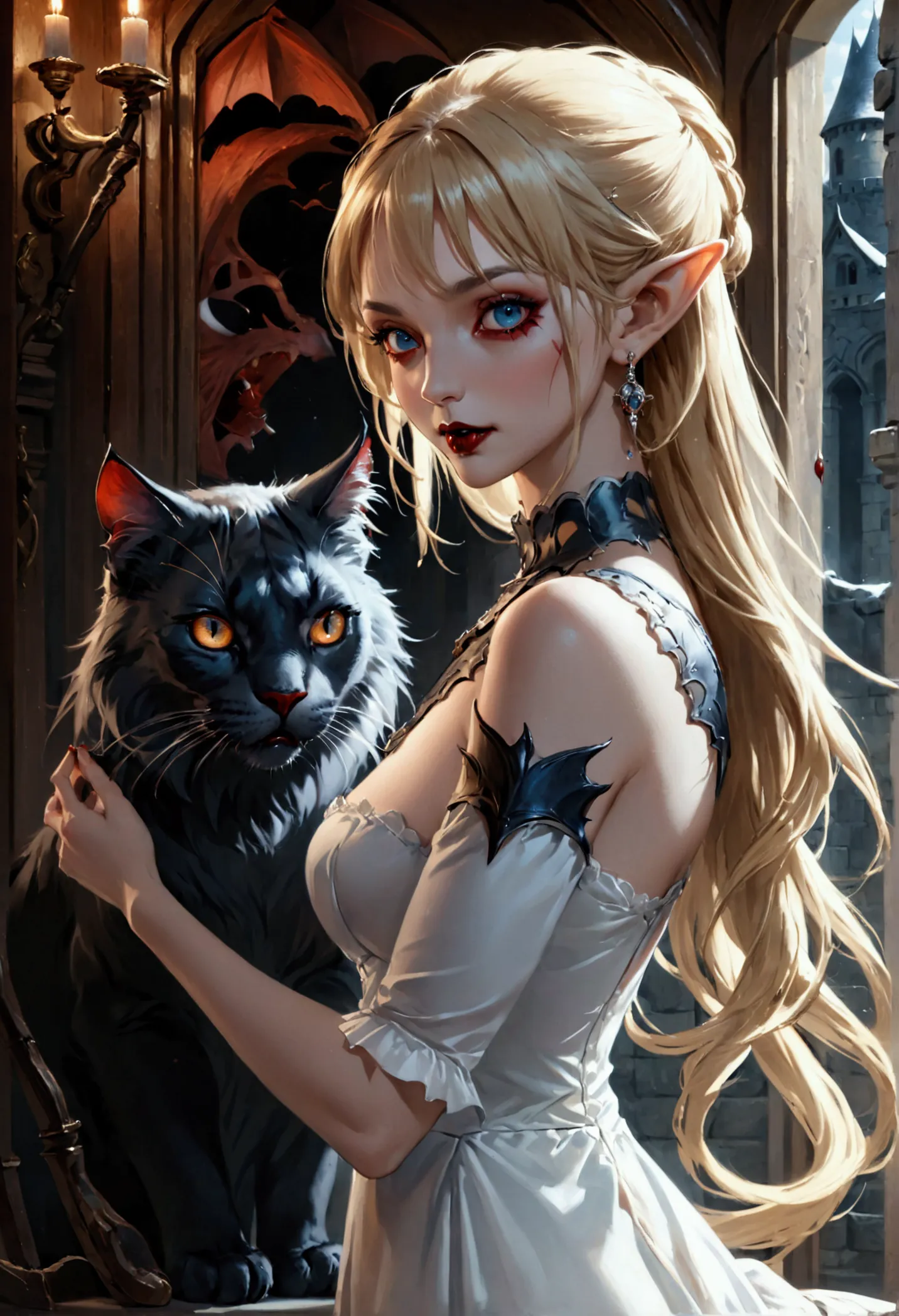 arafed a picture of elf vampire in her castle and her pet epic cat an exquisite beautiful female elf vampire (ultra details, mas...