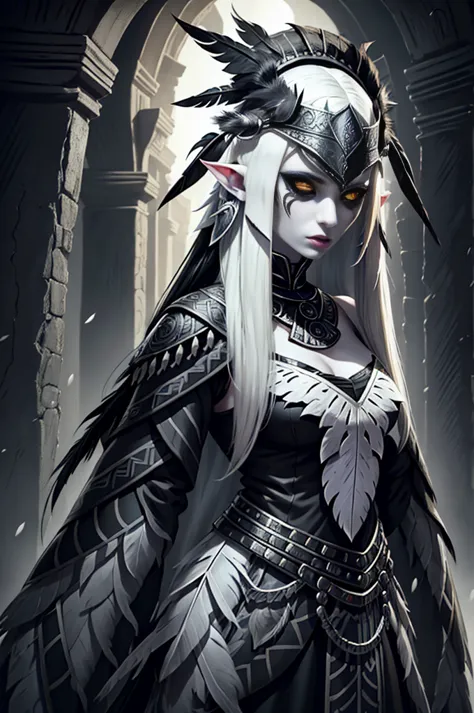 medieval fantasy, female (lamia), (black iris), (grey pulil), black snake tail, (long white hairs), ((very pale skin)), ((black ...